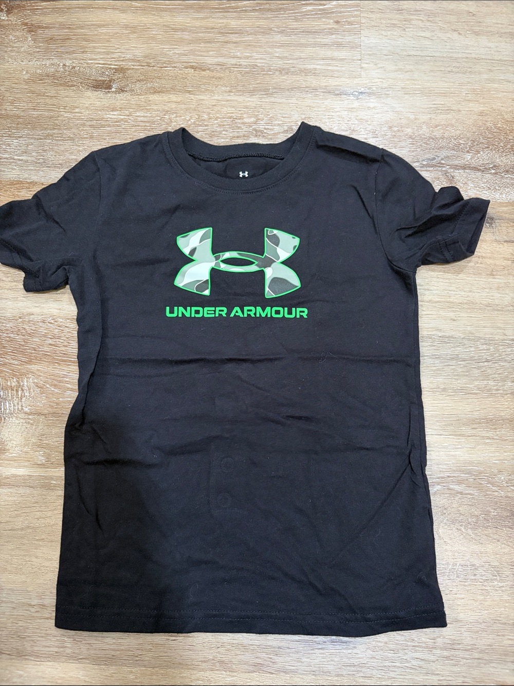 Under Armour Black Tee with Green Camo Logo - Kids